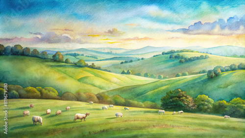 A peaceful countryside scene with a herd of sheep grazing on lush green meadows, surrounded by rolling hills and a clear blue sky, evoking a sense of tranquility and serenity photo