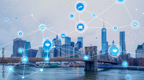 technology smart city with network communication internet of thing. Internet concept of global business in New york, USA. 
