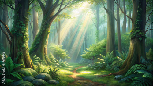 A tranquil forest glade with sunlight streaming through the canopy  illuminating a carpet of lush green moss and ferns  creating a serene and enchanting atmosphere