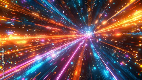 Energetic pixel art explosion at light speed, characterized by colorful, streaking lights and a nostalgic 8-bit design