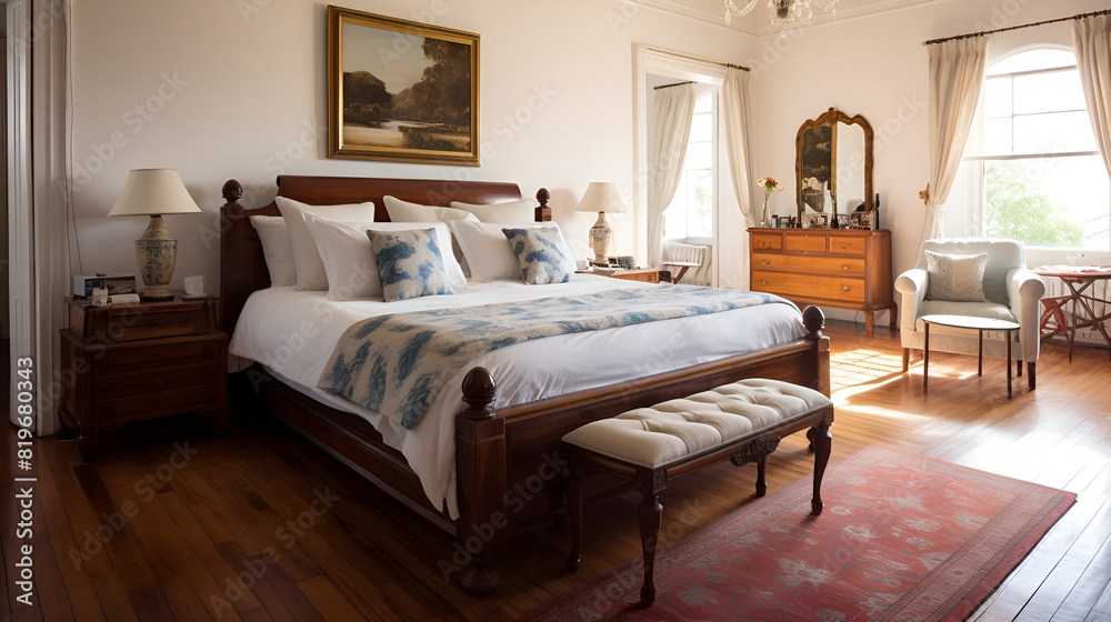 Bedroom decor, home interior design ,Furnished bedroom within former victorian rectory with ornate carved four poster bed and matching period sideboard drawers, chaise longe, side tables with lamps 