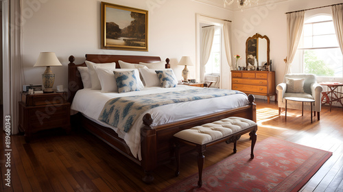 Bedroom decor, home interior design ,Furnished bedroom within former victorian rectory with ornate carved four poster bed and matching period sideboard drawers, chaise longe, side tables with lamps  photo
