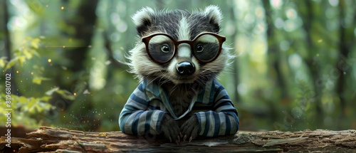 A stylish badger in a striped shirt and glasses, sitting on a log with a woodland background photo