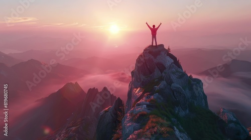 triumphant silhouette on mountain outcrop at sunset