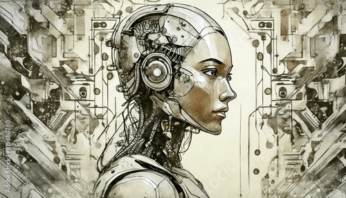 Futuristic Humanoid Robot Android Cyborg Artificial Intelligence Concept