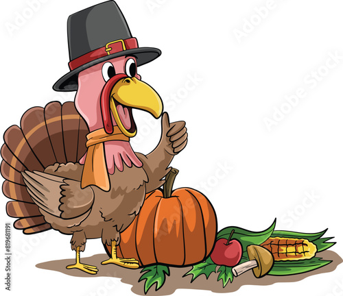 cartoon illustration design of turkey with pumpkin on thanksgiving day.eps