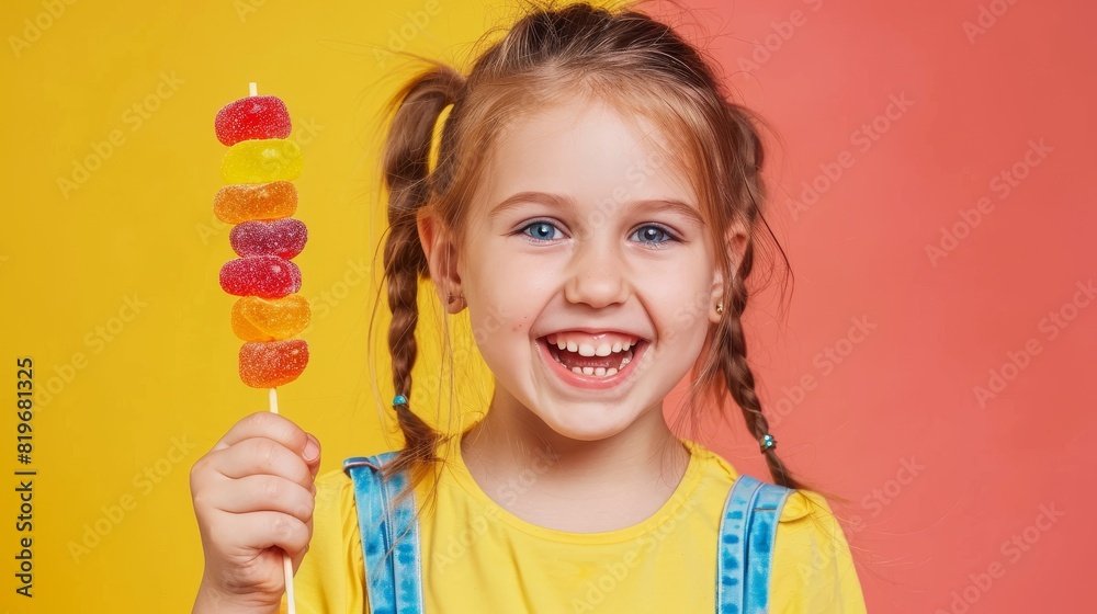 Young Girl Holding Colorful Jelly on stick on Vibrant Background Young Girl Holding Colorful Jelly on stick on Vibrant Background