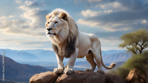 A Stately White Lion Gazing Down on Its Domain from a Soaring vantage Point Above a Calm Valley