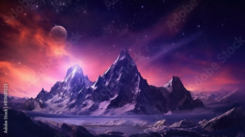 Beautiful mountain range under a star-filled night sky. Digital artwork of cosmic landscape surrounded with starry night. Adventure and exploration concept for wallpaper and design concept. AIG35.