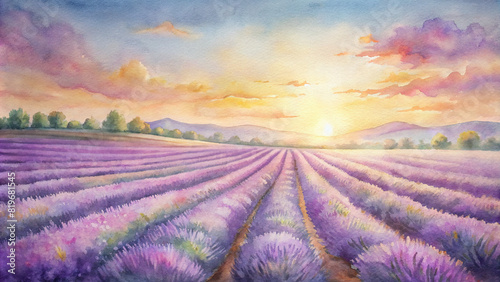 Sun-kissed fields of lavender stretching to the horizon, their fragrance carried by the gentle breeze under a cloudless sky photo