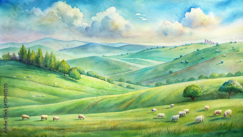 A peaceful countryside scene with sheep grazing in a lush green pasture  surrounded by rolling hills and a clear blue sky overhead