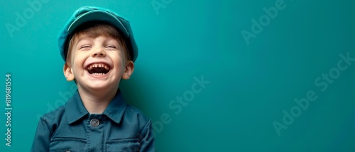 Laughing boy in postal worker uniform on emerald background with copy space,