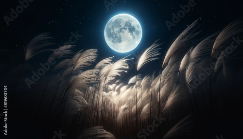 夜空の満月とススキの野原の風景