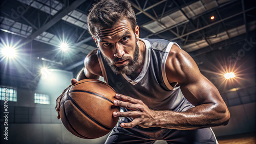 Serious basketball player dribbling the ball with determination, eyes fixed on the hoop photo