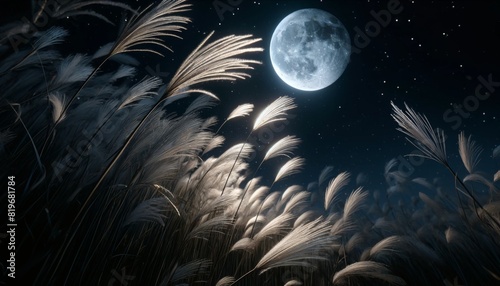 夜空の満月とススキの野原の風景