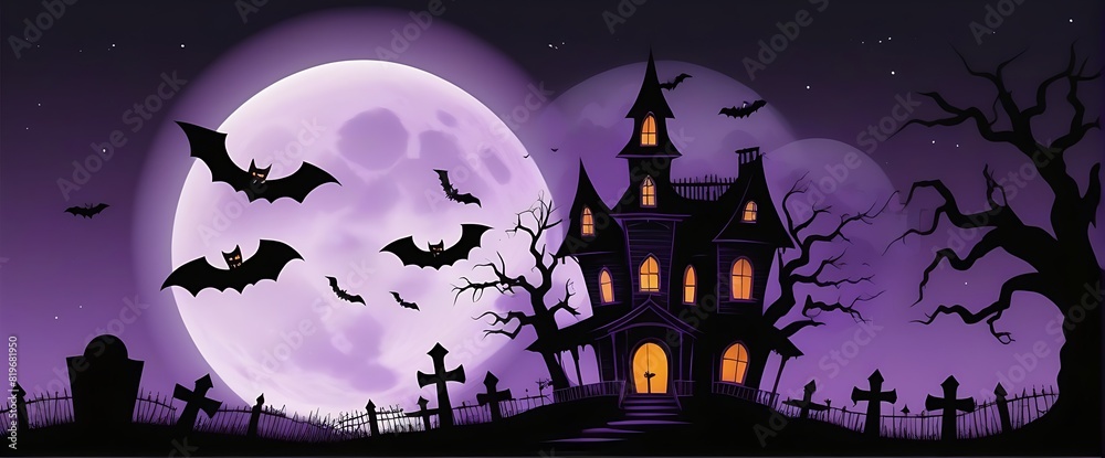 Happy halloween banner or party invitation background with haunted house, graveyard, dead tree and pumpkins.