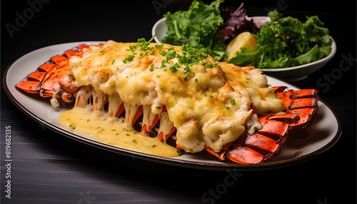 Lobster Thermidor, decadent French dish, lobster meat bathed in creamy, flavorful sauce