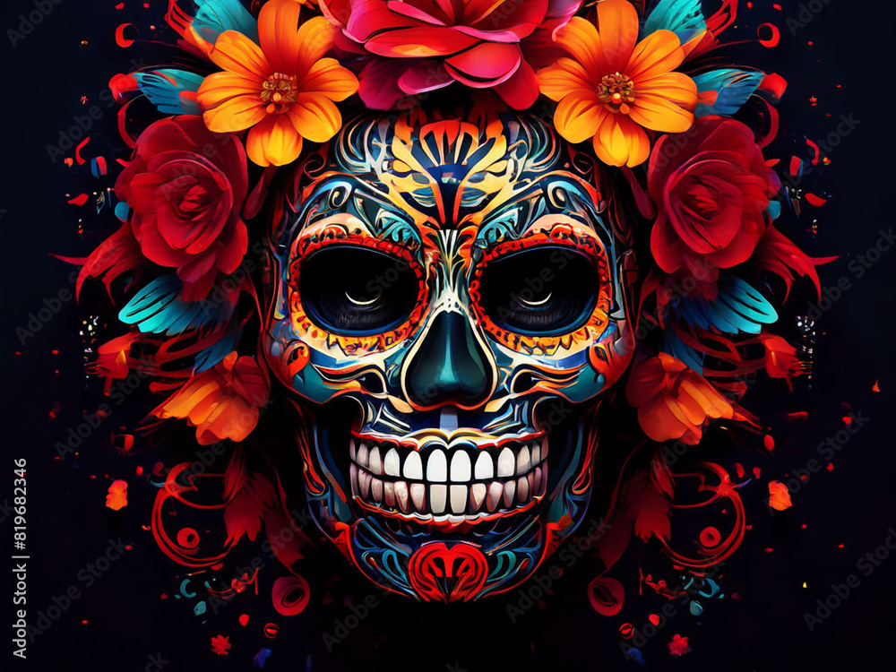 Day of The Dead skull with red roses on dark background,Mexican Skull design,Detailed skull face paint for Day of the Dead, Generative Ai