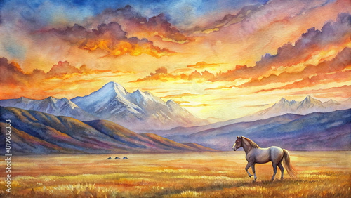 A lone horse grazes peacefully in a vast  golden meadow  framed by majestic mountains and a fiery sunset sky.