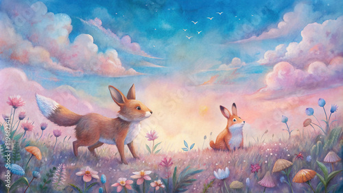 A whimsical illustration of a fox and rabbit frolicking together in a field of wildflowers  under a pastel-colored sky filled with fluffy clouds