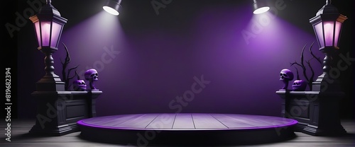 black and purple podium stage for product presentations and promotions with Halloween celebration theme decorations.