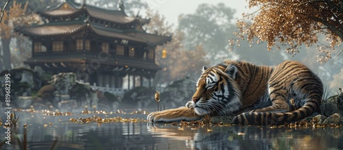 Regal Tiger in Traditional Chinese Painting Robe Poses Peacefully Beside Palace Lake