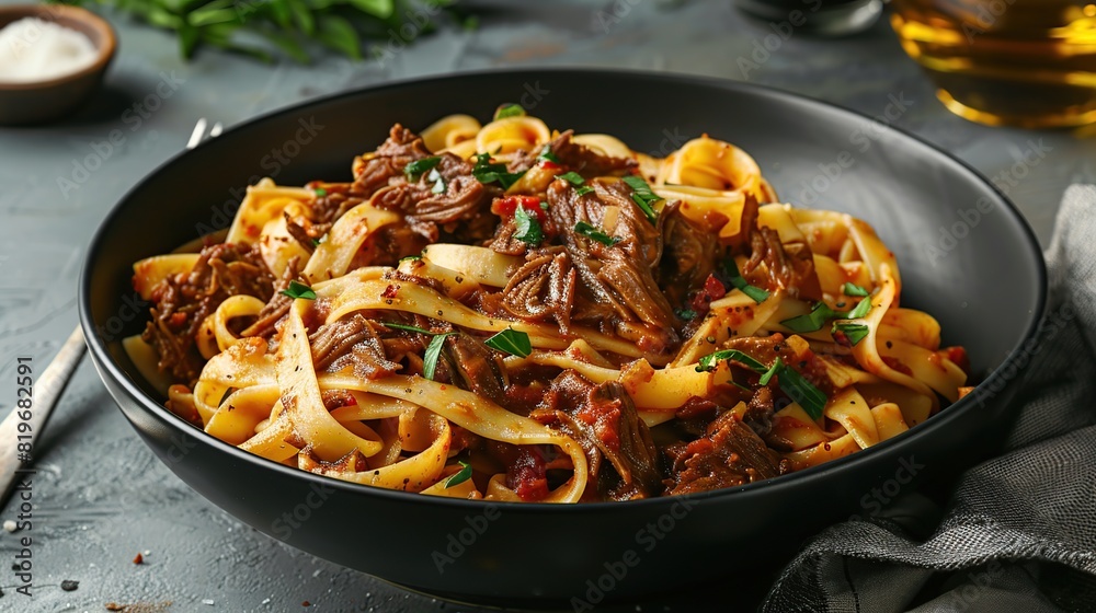Pasta Fettuccine with Beef Ragout Sauce in Black Bowl. Generative AI Pasta Fettuccine with Beef Ragout Sauce in Black Bowl. Generative AI