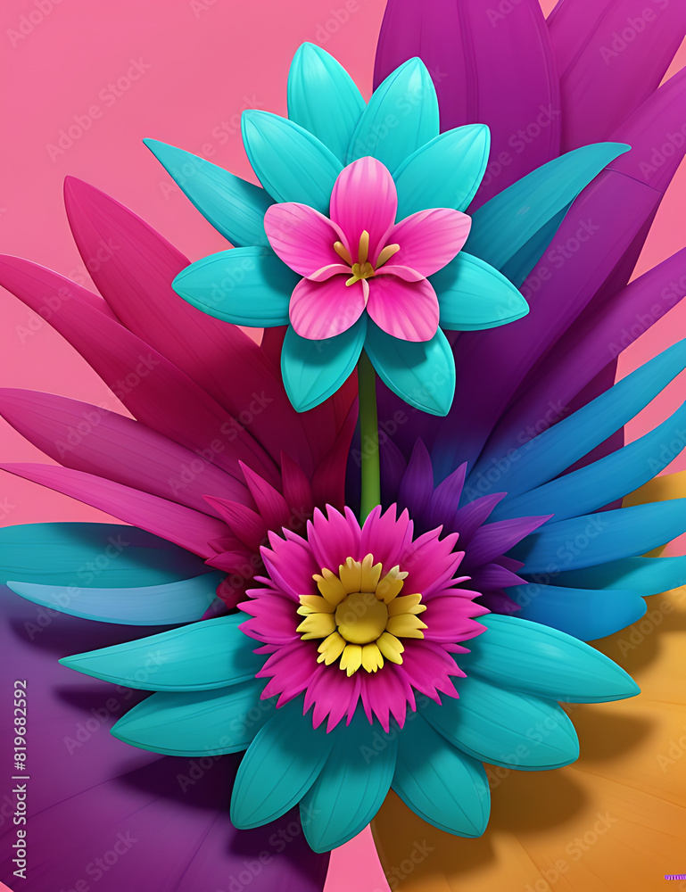 Fototapeta premium Wallpaper style Tropical flowers in shades of fuchsia purple and turquoise cascade with colorful theme abstract background 