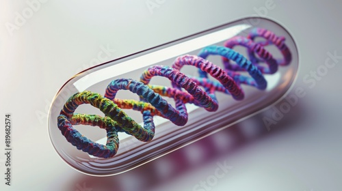 A 3D-rendered close-up of a medical capsule with multiple colorful DNA strands intricately coiled inside, set against a soft, white background to enhance visibility. photo