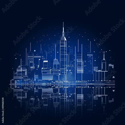 a line art of a city skyline with white lines and a touch of neon blue on the tallest skyscraper, contrasting against a dark background