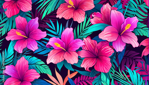 Wallpaper style Tropical flowers in shades of fuchsia purple and turquoise cascade with colorful theme abstract background 
