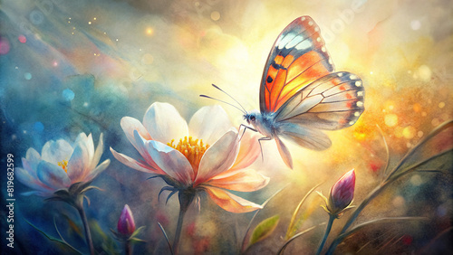 A close-up of a delicate butterfly perched on a colorful blossom, with the sunlight filtering through the leaves, casting a warm glow over the scene