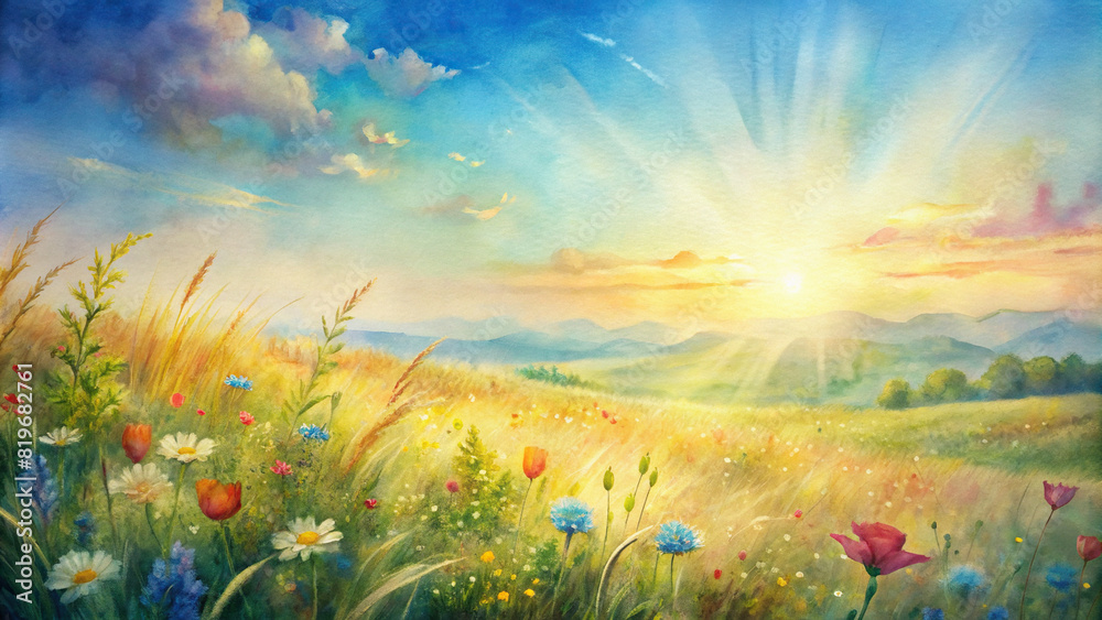 A serene meadow bathed in golden sunlight, with wildflowers swaying in the breeze under a clear blue sky 