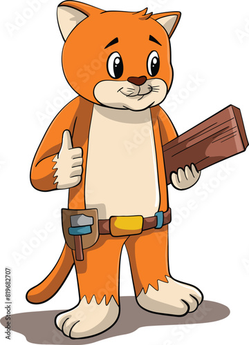 cartoon illustration design of a cute cat carrying wood as a skilled carpenter.eps