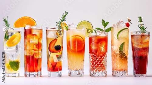Assorted alcoholic and nonalcoholic cocktails, vibrant colors and garnishes, in various glassware, isolated on a white background, perfect for beverage advertisements