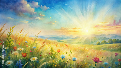 A serene meadow bathed in golden sunlight, with wildflowers swaying in the breeze under a clear blue sky  photo