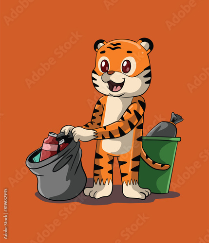 cartoon illustration design of a cute tiger maintaining cleanliness by collecting rubbish.eps