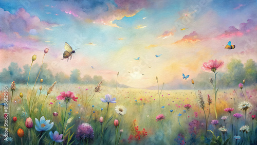 A serene meadow stretches out beneath a pastel sky, dotted with vibrant wildflowers and buzzing with the gentle hum of bees