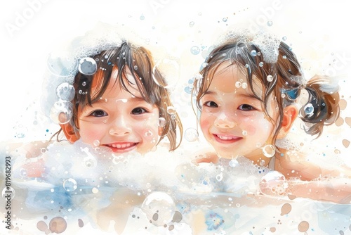 Cheerful Asian children in a bathtub, hair full of soapy bubbles, radiant natural skin, wide smiles, on a white background with bokeh, perfect for skincare advertisement photo