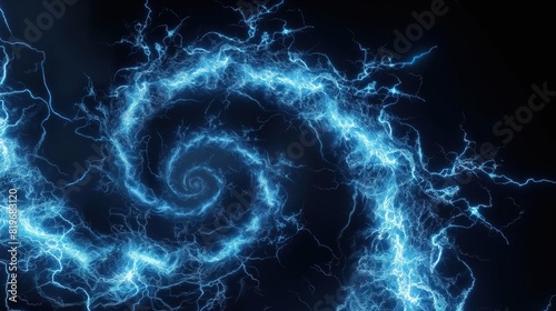 A 3D-rendered image of a network of blue lightning bolts forming a spiral galaxy shape against a pitch-black background. 