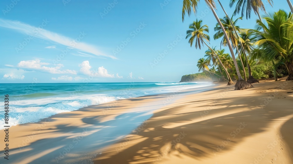Tropical beach with palms, golden sands, and gentle waves, a perfect backdrop.