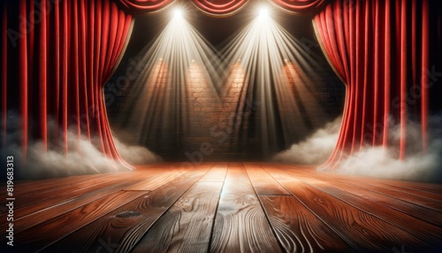 A theatrical stage with red curtains, wood floor, and spotlights on a brick wall background, concept of performance space. Generative AI photo