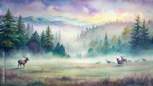 A tranquil watercolor landscape of a misty meadow, where a herd of elk roams freely amidst the ethereal mist. © Woonsen