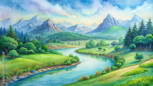 A peaceful countryside scene with a winding river cutting through the lush green landscape, framed by majestic mountains and a clear blue sky overhead