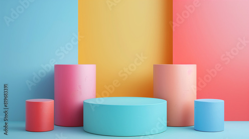 3D rendering of a simple geometric scene with a large yellow sphere, a blue sphere, a pink, Set of background with yellow blue pink cylinder pedestal podium bouncing white and colorful balls scene. 