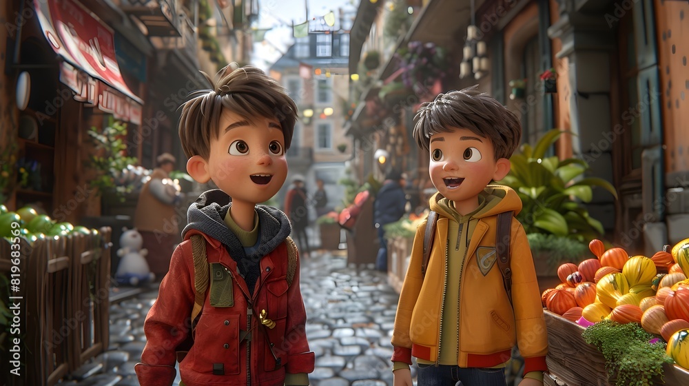 Two Young Boys Engaging in Witty Banter and Playful Interactions on a Charming Autumn Street in a Historic European Town