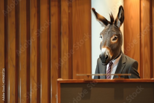 A donkey in a suit standing at a lectern photo