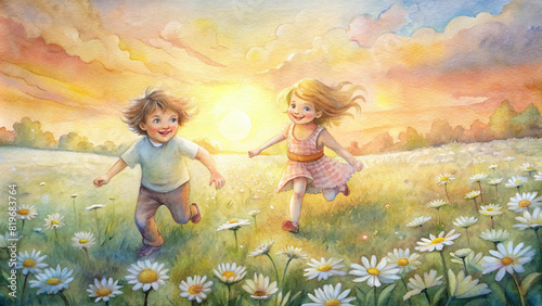 Two young children run through a field of daisies, their laughter echoing against the backdrop of a soft, watercolor sunset.