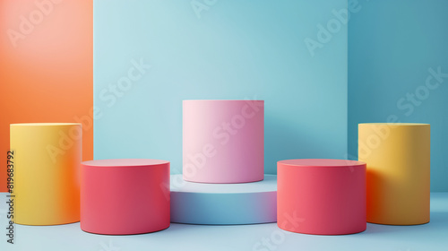 3D rendering of a simple geometric scene with a large yellow sphere, a blue sphere, a pink, Set of background with yellow blue pink cylinder pedestal podium bouncing white and colorful balls scene. 