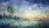 Delicate watercolor strokes create a whimsical depiction of a meadow at dusk, with fireflies dancing in the gathering twilight.